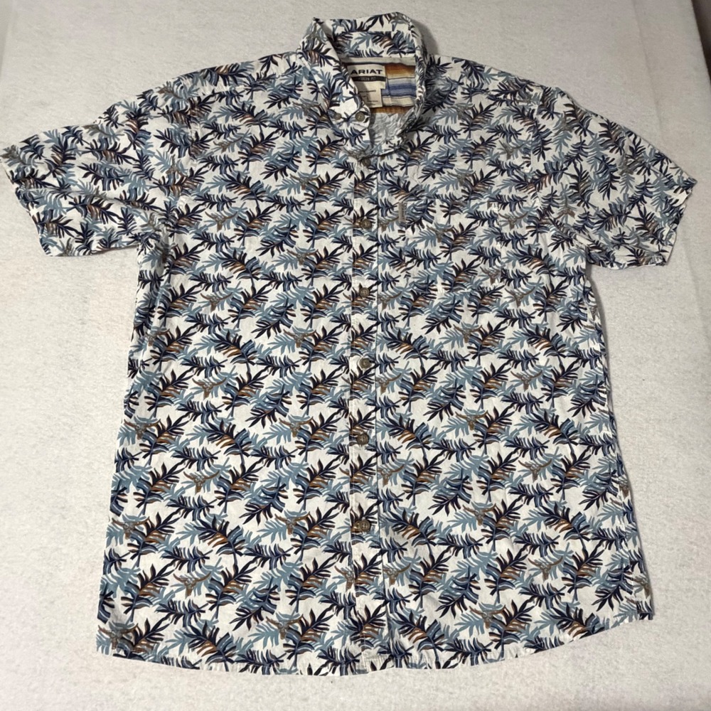 Ariat Mens Modern Fit Short Sleeve Button Down Shirt Tropical Steer Skull L